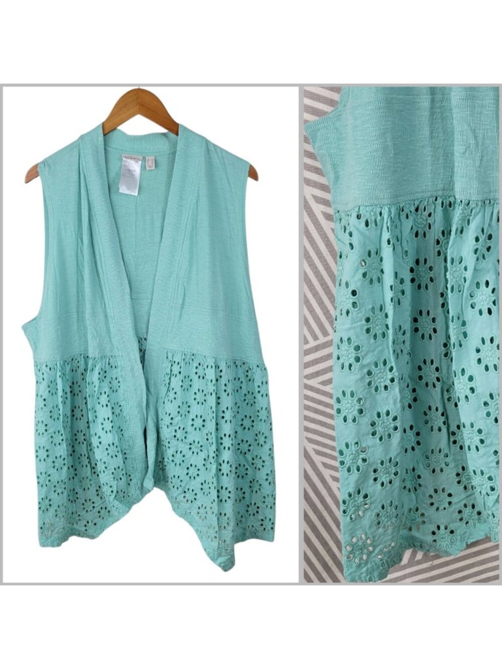 LOGO Lori Goldstein Eyelet Open Front Sleeveless Cardigan Vest Large Turquoise